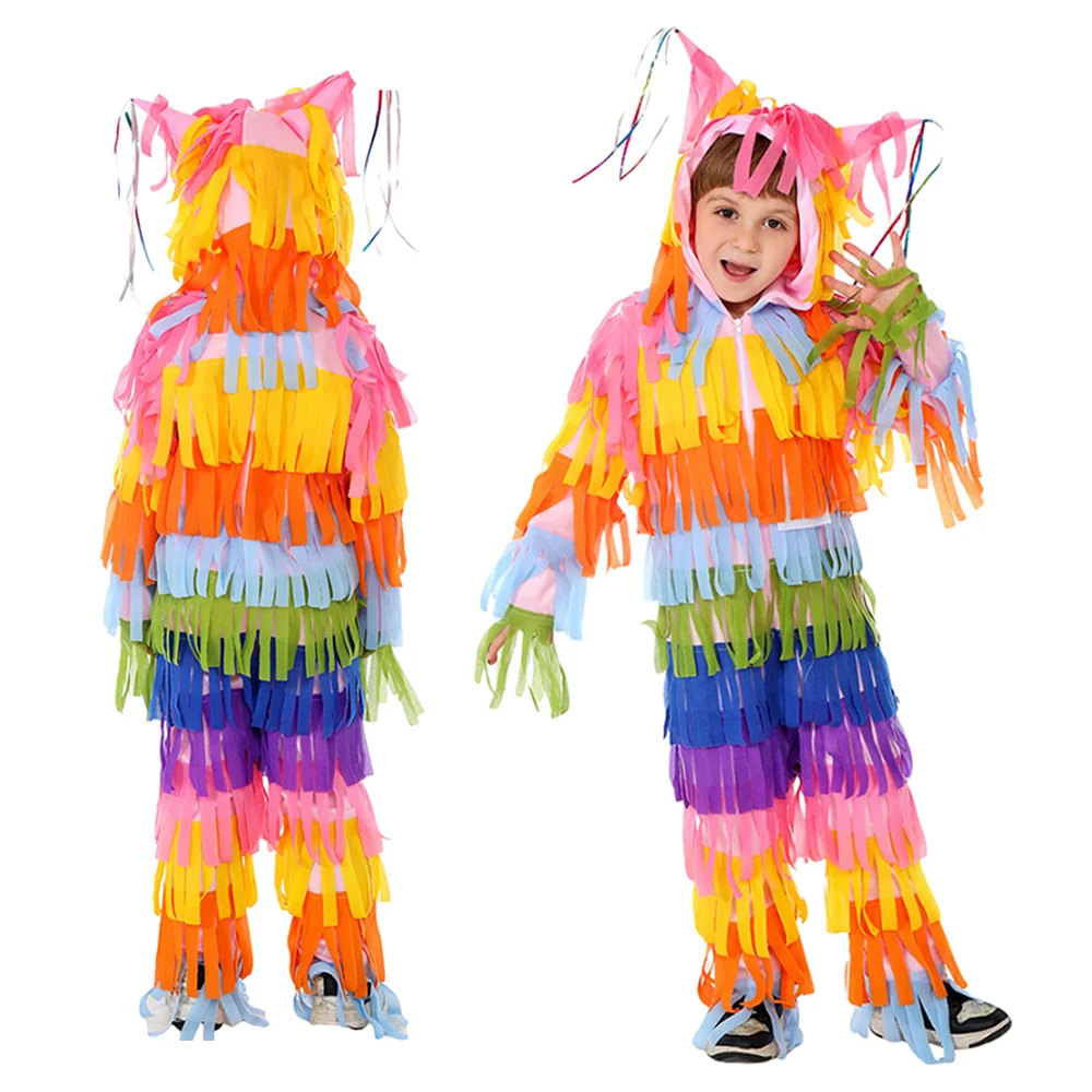 

Kids Pinata Cosplay Costume Mexican Party Piñata Vibrant Multi-colored Hooded Jumpsuit Kids Girls Boys Children Halloween Purim