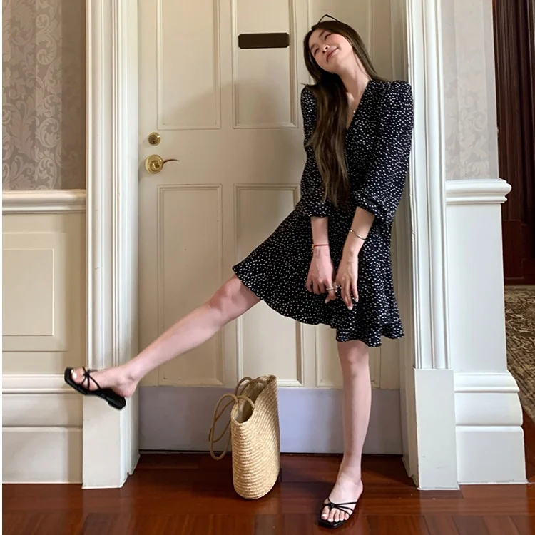 Polka Dot V Ne Long Sve feminino Dr primavera outono ort saia base em camadas cintura com cinto uma linha saia de fada