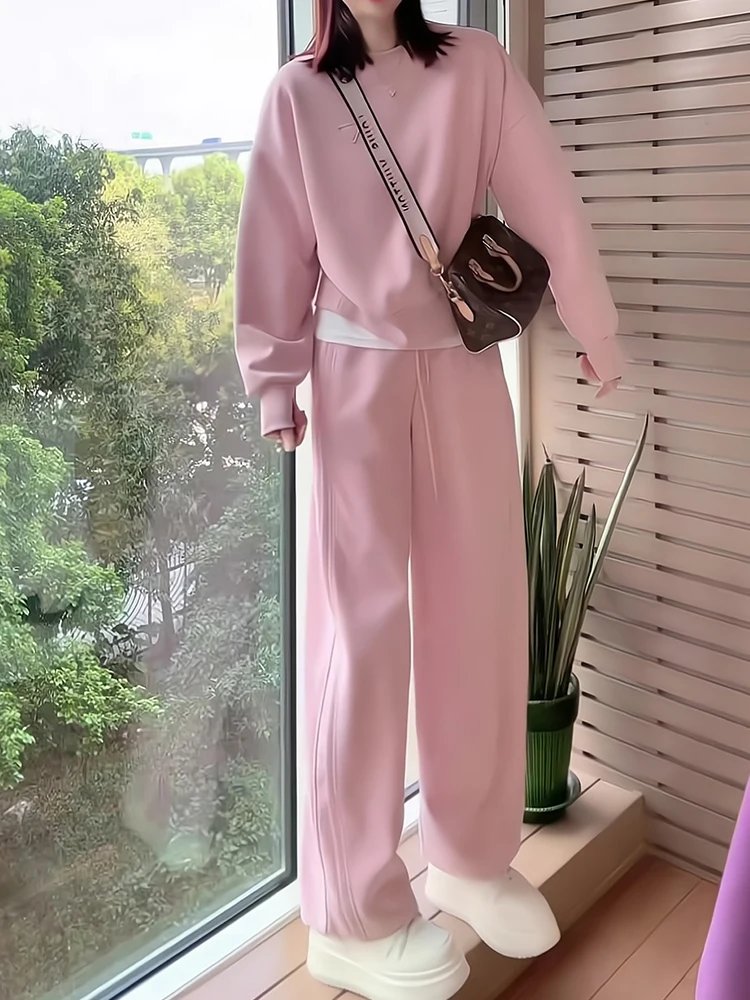 

Pink Sweatshirt High Waist Wide Leg Pants Two Piece Set Casual Sportswear Women's Spring Youthful Soft Salt System Ensemble