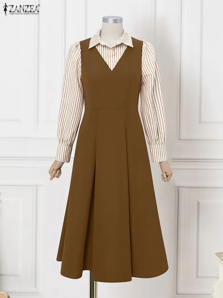 Zanzea 2025 mulheres vestidos longos outono manga longa listrado falso 2 peça camisas maxi robe moda elegante escritório festa vestidos