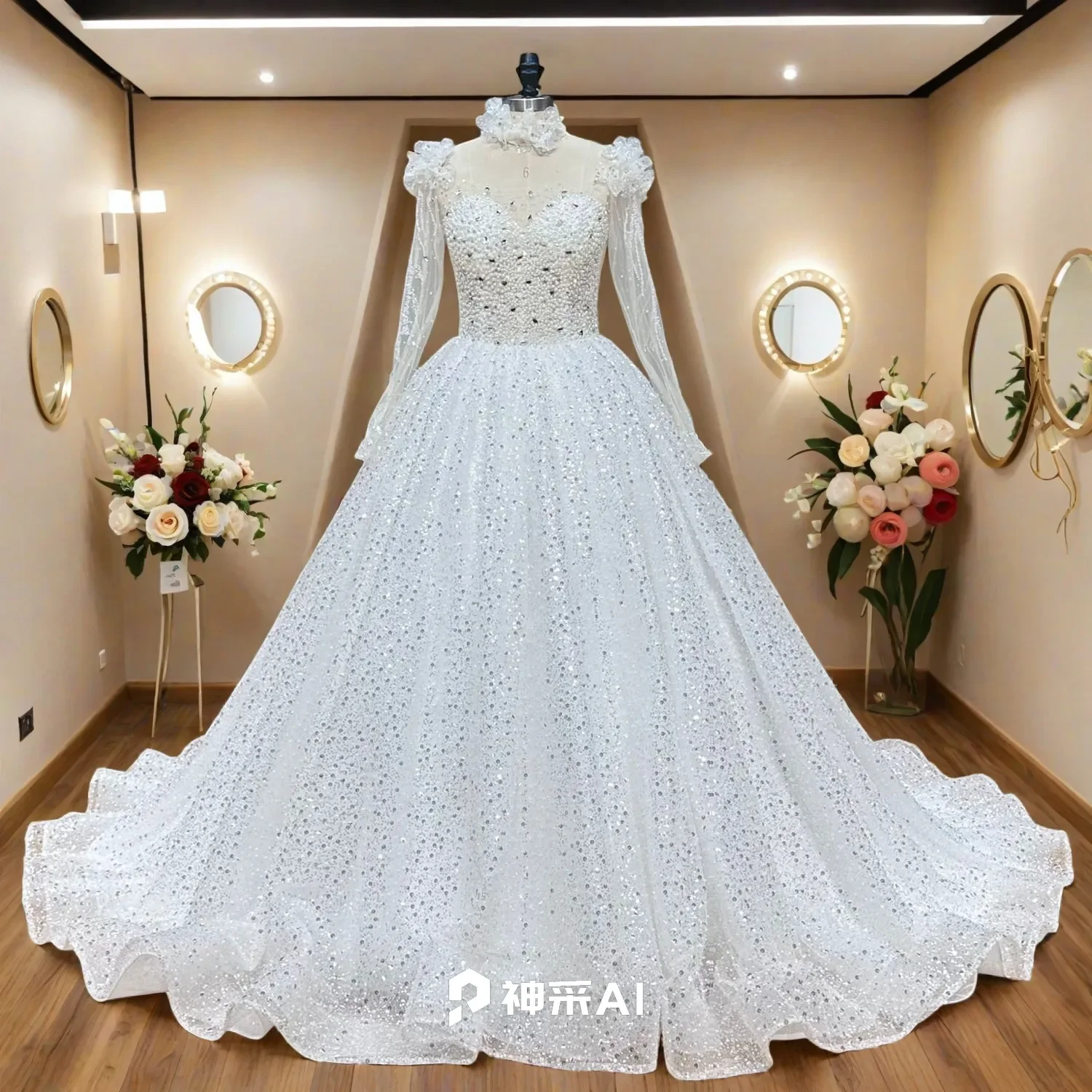 

Hire Lnyer long Sleeve Shiny Beads Pearls Stones Sequins Sparkly Ball Gown Wedding Dresses Real Office Photos Videos