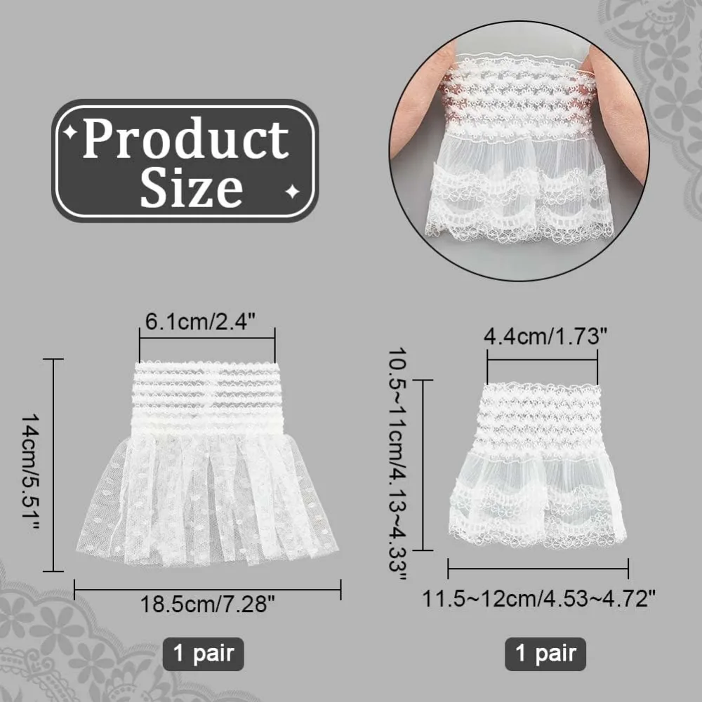 2 Pairs 2 Style Polyester Oversleeves Layer Lace Wristband False Sleeves Wrist Cuffs for Women White 105~140x115~185x3mm
