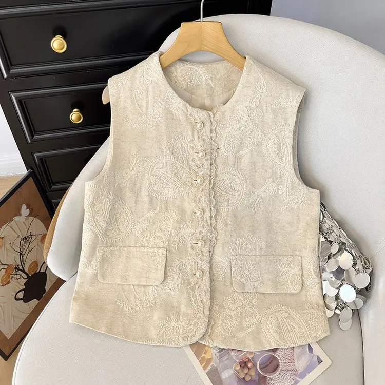 

Весна 2026: Женский кружевной жилет с жемчужными пуговицами, приталенный, в китайском стиле, модный, стандартной длины