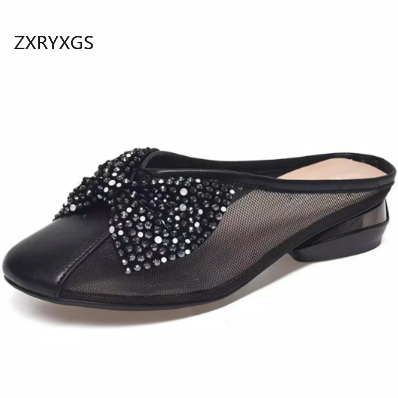 ZXRYXGS Top Cowhide Mesh Round Toe Bow Rhinestone Shoes Women Fashion Slippers 2026 New Summer Banquet Slippers Outerwear Shoes