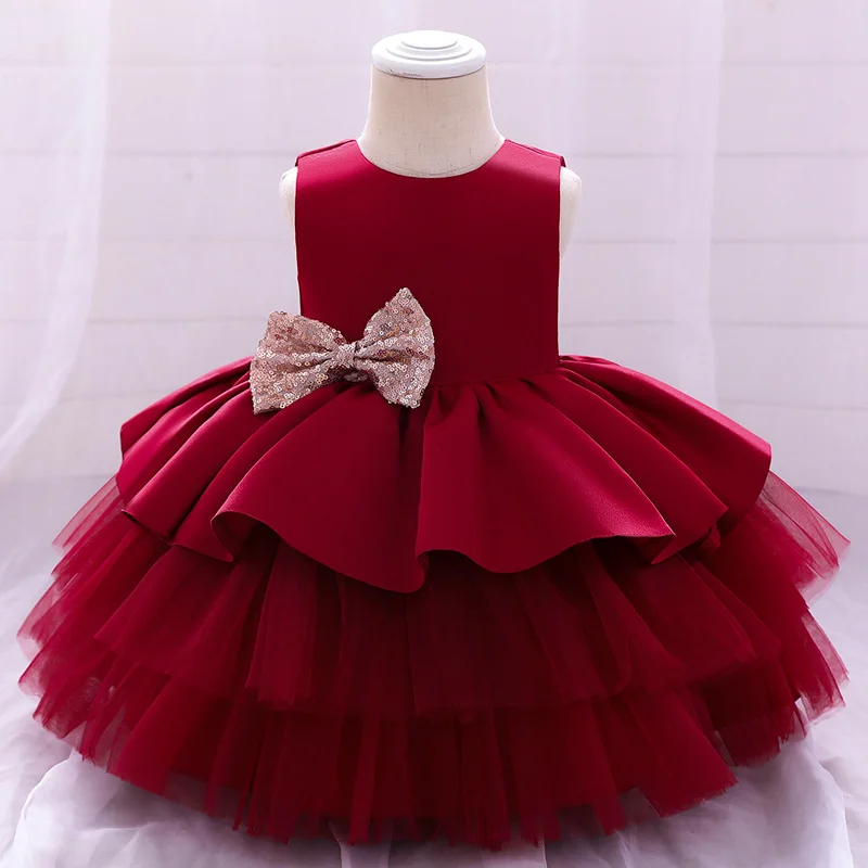 12M 24M Baby Girl Dress Newborn Pink Sequin Bow Tutu Gown Infant Birthday Layered Outfits Flower Kids Clothes Wedding Vestidos