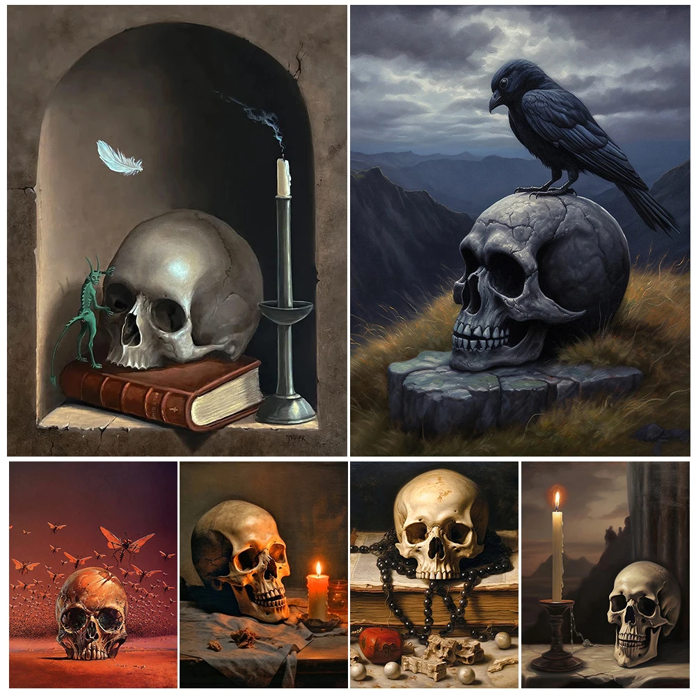 Skull And Candle Gothic Vintage Wall Art Canvas Painting Crow And Skull Abstract Witchcraft Element Art Poster And Print Decor