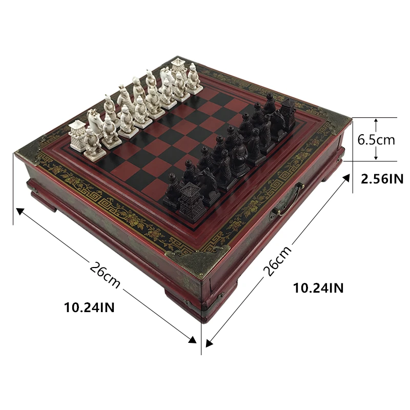 Antique Chess Trumpet Three-dimensional Terracotta Army Pieces High-grade Vintage Wooden Table Chess 26*26CM/10.24*10.24in