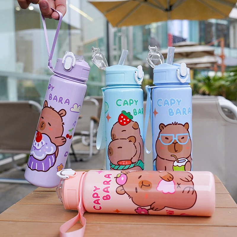 800ML Kids Water Sippy Cup Capybara Cartoon Cup with Straws Leakproof Water Bottle Outdoor Portable Children's Plastic Water Cup