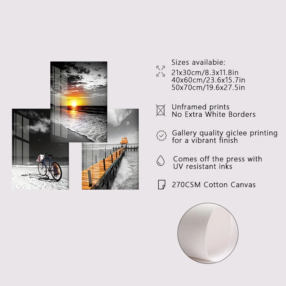 3PCS Frameless Canvas Beach Sunrise Paintings Prints Black White Landscape Pictures Modern Pictures for Bedroom Living Room Home