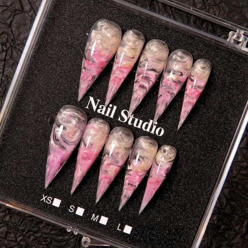 Handmade Pink Gradient Stiletto Press On Nails Swirl Marble Fake Nail Tips Reusable Long Pointed False Nails For Nail Art Salon
