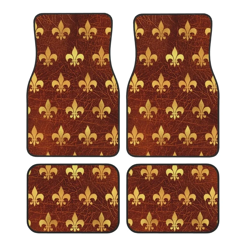 Fleur De Lis Car Floor Mats of 4 Pieces Crystal Velvet Carpets Rugs Lily Flower Universal Car Front Rear Carpets Foot Mats 2