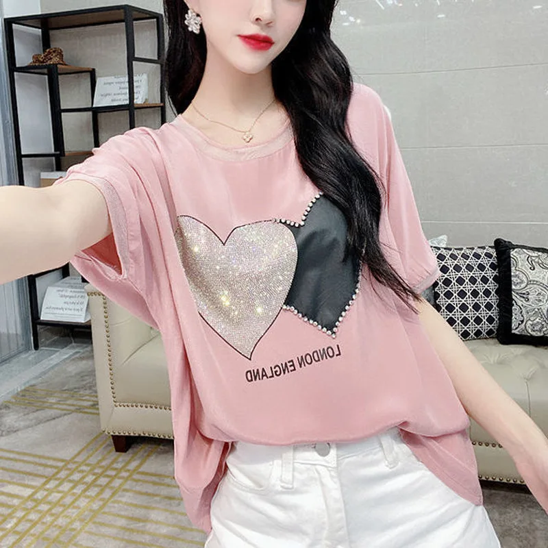 

Summer New Round Neck Fashion Short Sleeve T-shirt Women High Street Casual Elegant Pullovers Youth Printing Rhinestone Tops