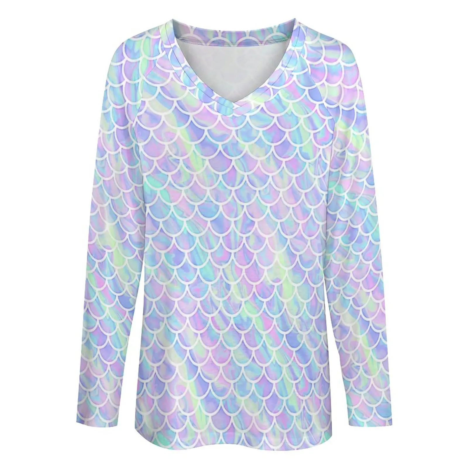 Mermaid Scales Print T-Shirts Marbled Rainbow Modern T Shirt Female Long Sleeve Korean Fashion Tops Oversize V Neck Fashion Tees