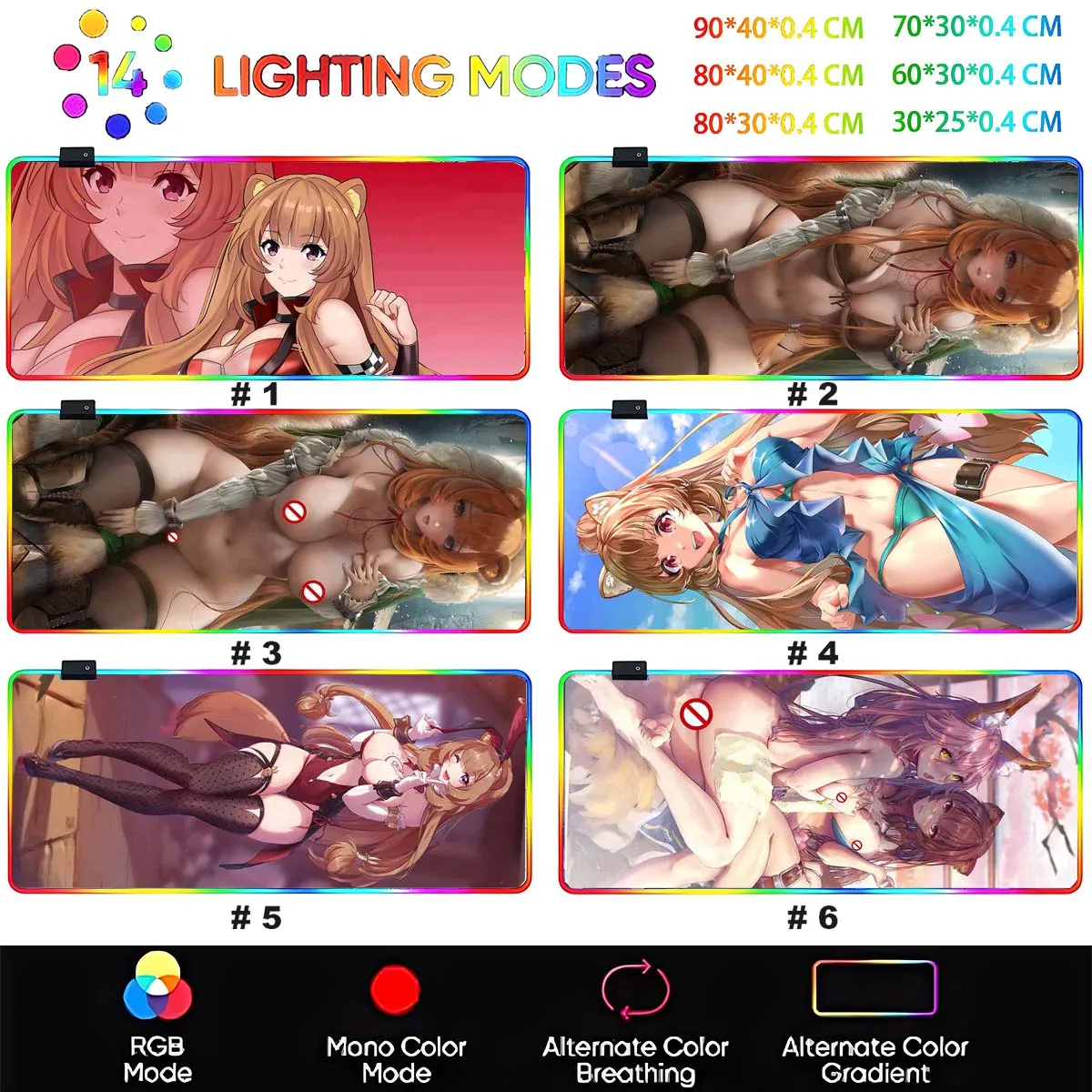 RGB Backlit Anime T_Tate no Y_Yuusha no Nariagari Mouse Pad Sexy Raphtalia Anime Overwatch Mouse Mat Non-Slip Gamer Keyboard Mat