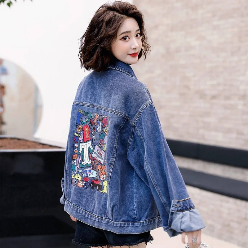 Retro Bf Style Printed Denim Jacket Women's Trendy 2024 Autumn New Loose Korean Version Jacket Top  Collar Button Closure