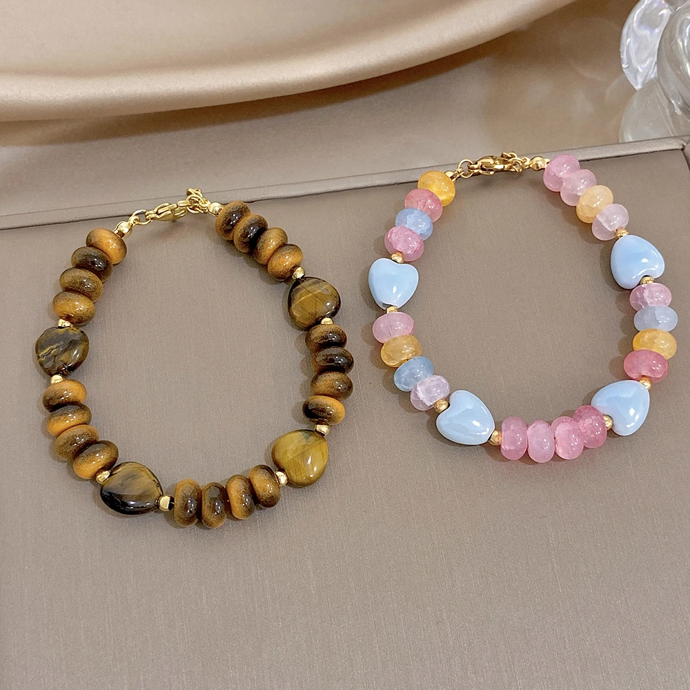 DODOHAO Elegant Tiger Eye Stone Natural Stone Heart Shaped Beaded Bracelet for Women Waterproof Stainless Steel Bangle Jewelry
