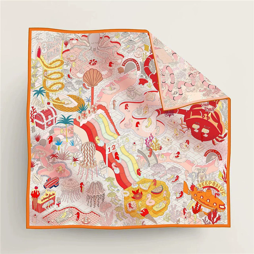 2025 New Double-Sided Color-Block Silk Scarf with Underwater Amusement Park Print Decorative Fashion Women's 90cm Square Scarf