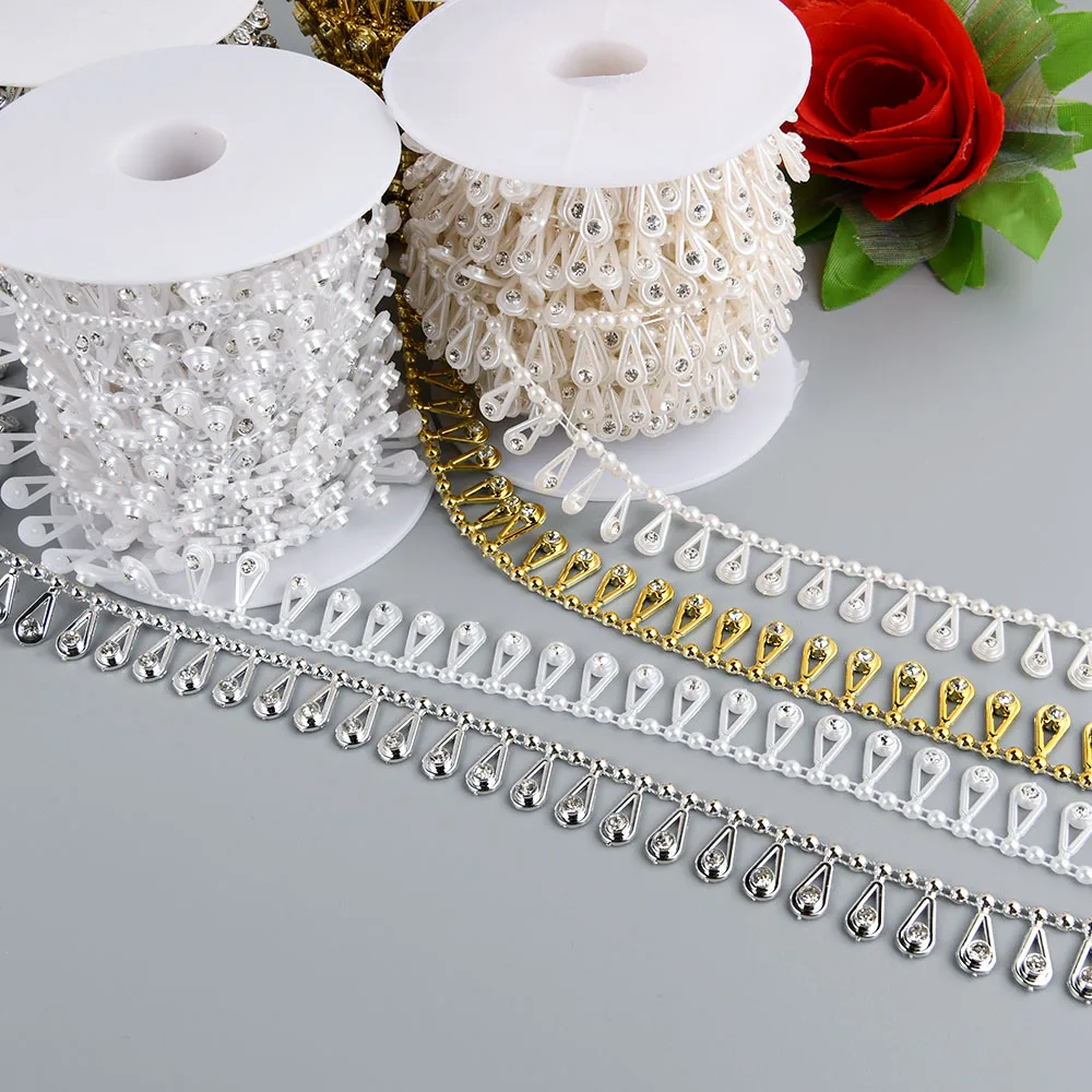 1 Yard 17mm Width Plastic Imitation Pearl Beaded Trim Garland Strand Great for Wedding Decoration DIY Material with Rhinestone