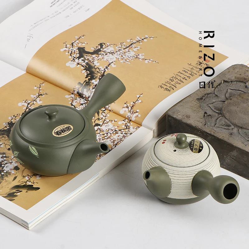 Bule de chá com alça lateral deslizante estilo japonês, forno de primavera e outono, cerâmica com padrão ral, pote de barba urgente
