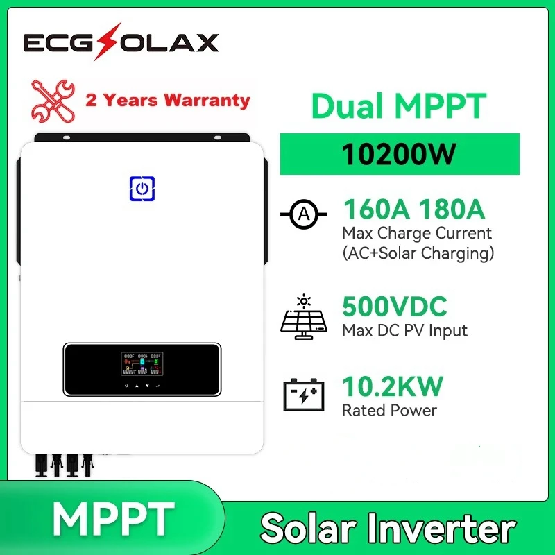ECGSOLAX10.2KW عاكس للطاقة الشمسية الهجين 48 فولت 230VA MPPT 160A/180A جهاز التحكم في الشحن PV Max 500VDC 10200 واط عاكس موجة جيبية نقية