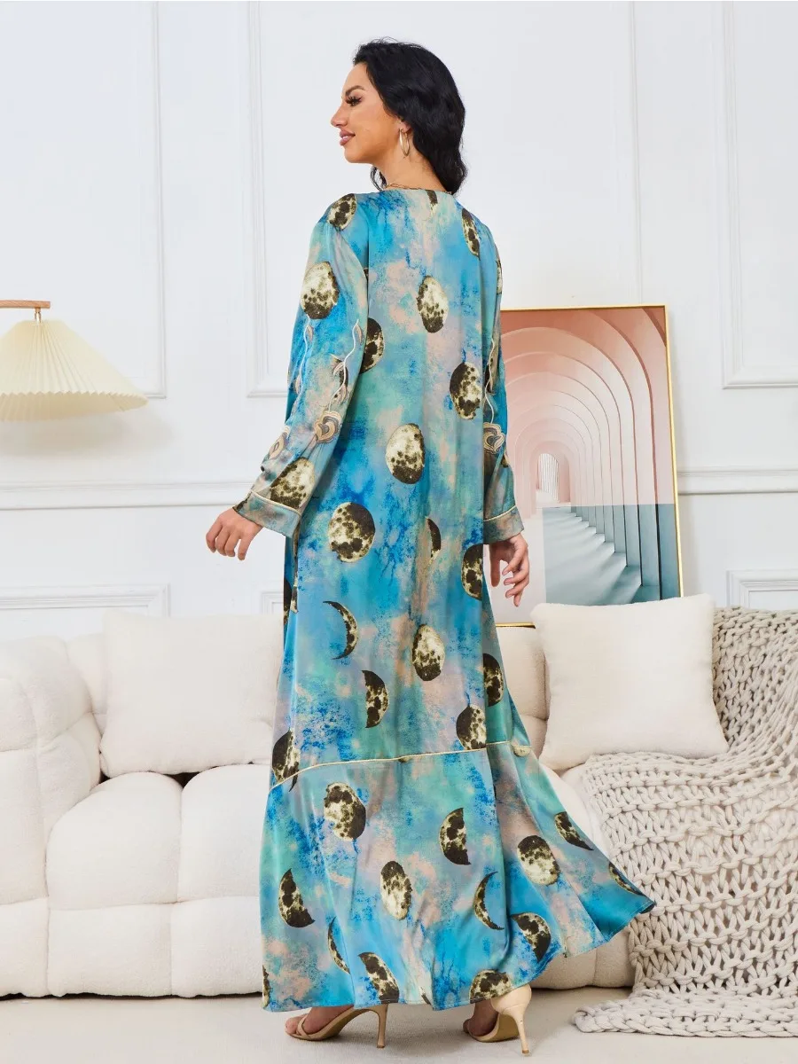 Eid Arab Muslim Party Dress for Women 2024 Abaya Print Jalabiya Long Dresses Morocco Kaftan Vestidos Dubai Ramadan Gown Robe