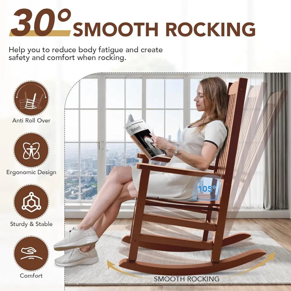 Sedia a dondolo da esterno in legno, sedia a dondolo da patio di grandi dimensioni con supporto da 400 libbre e schienale alto, portico, prato, giardino