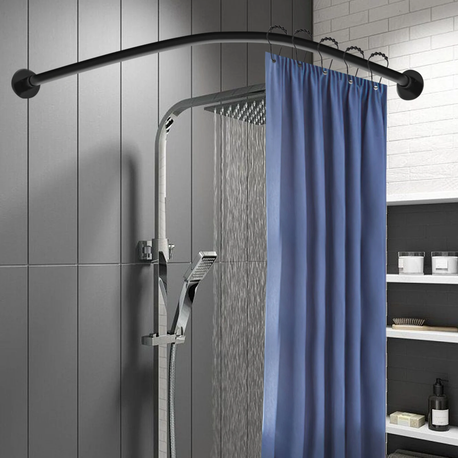 Shower Curtain Rail L Shape No Drilling Rail Corner Stainless Steel Telescopic Rod with Shower Curtain Rings