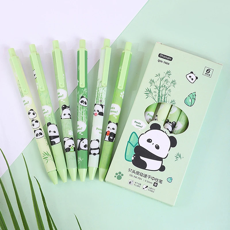 6 sztuk Cute Cartoon Panda długopis żelowy śmieszne długopisy prasowane piękny Panda płynnie pisanie długopisy szkolne materiały papiernicze