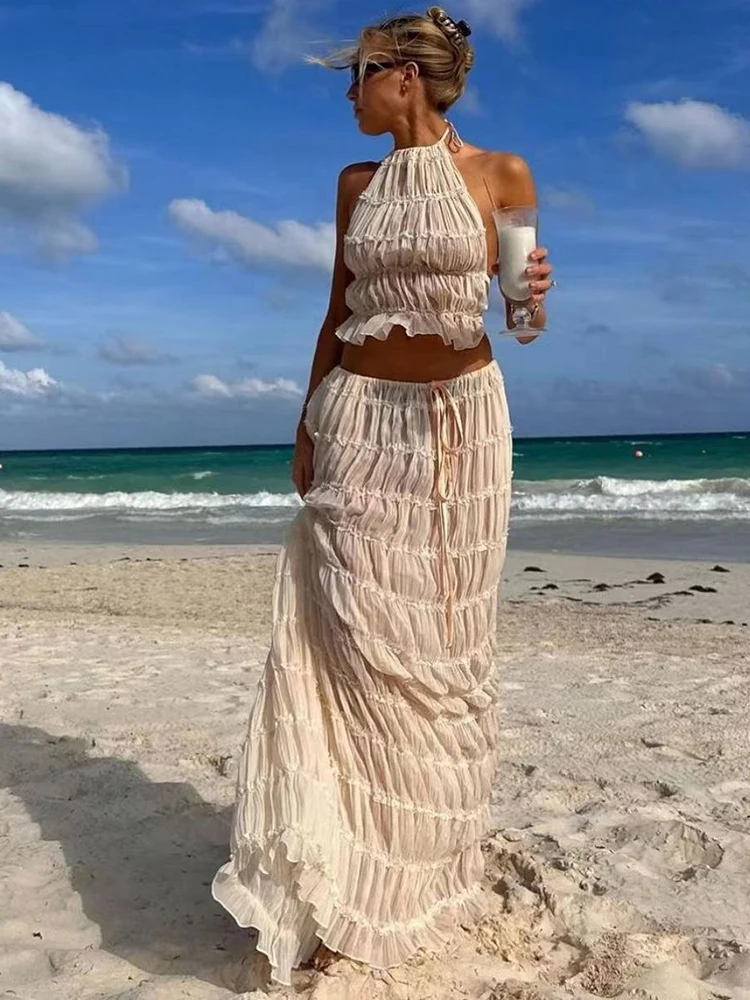 

Long Skirt Sets Women Sexy White Sleeveless Backless Halter Tops Drawstring Long Skirts 2 Piece Sets Lady Ruched Beach Outfits