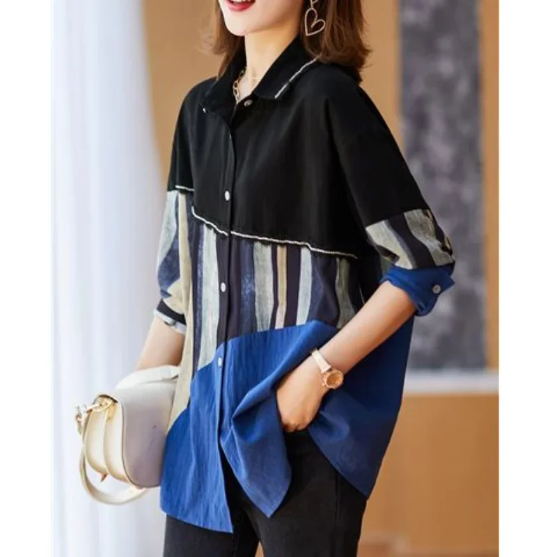 2023 New Spring and Autumn Polo Collar Hot Diamond Contrast Printing Loose Relaxed Oversize Simple Commuter Fashion Shirt