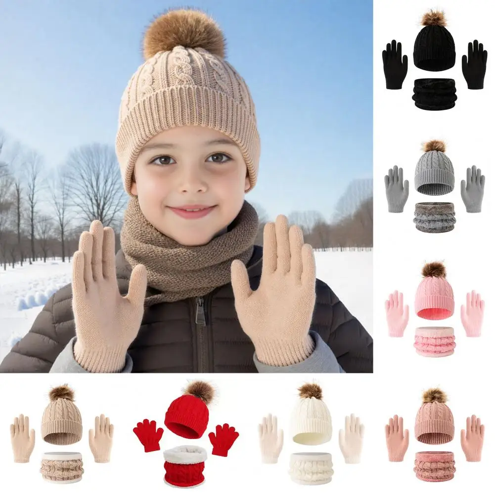 Baby Hat Scarf Gloves Set Soft Warm Baby Hat Set 3pcs Women Winter Hat Scarf Gloves Set with Plush Ball Decor Twist Texture