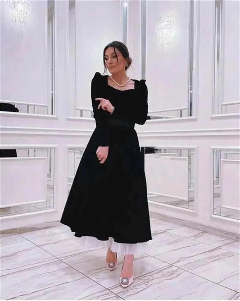 Robe de Soirée en Velours Noir à Manches sulf, Ligne A, Col Carré, Grande Taille, Élégante, 2023