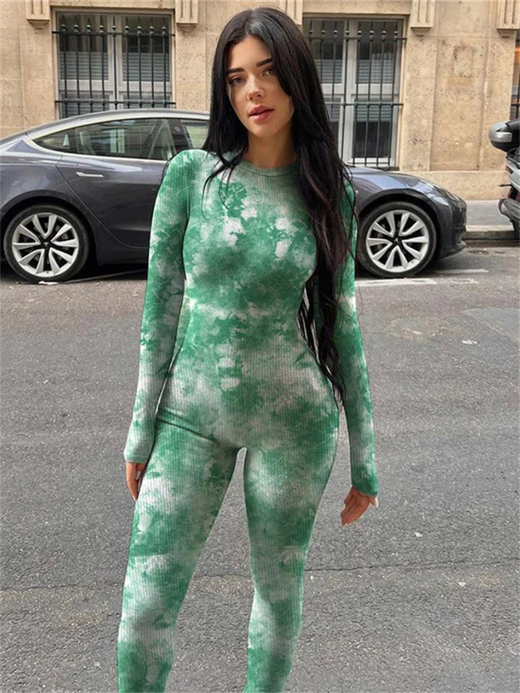 Macheda Ribbed Sporty Jumpsuit Women Tie-dye Print o-neck Full Sleeve Daily Skinny Body-Shaping Casual Street New Trend Outfits