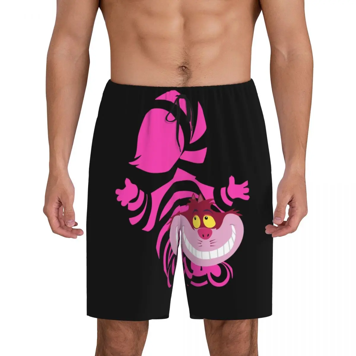 Custom Smiling Cheshire Cat Pajama Bottoms for Men Lounge Sleep Shorts Drawstring Sleepwear Pjs with Pockets