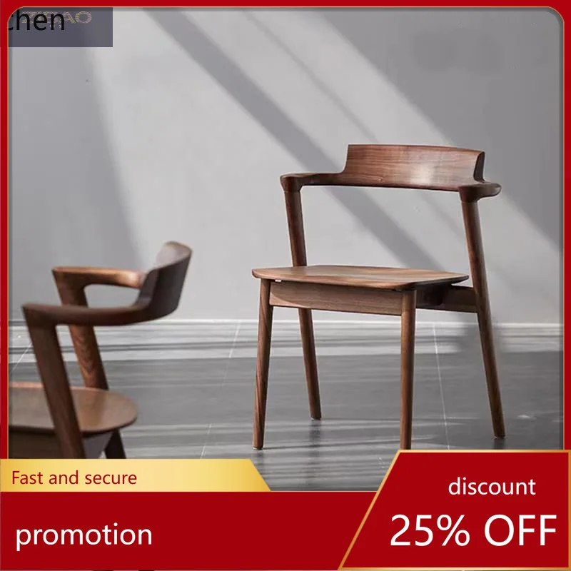 

HXL Black Walnut Living Room Dining Chair Simple Armrest Backrest Chair Solid Wood