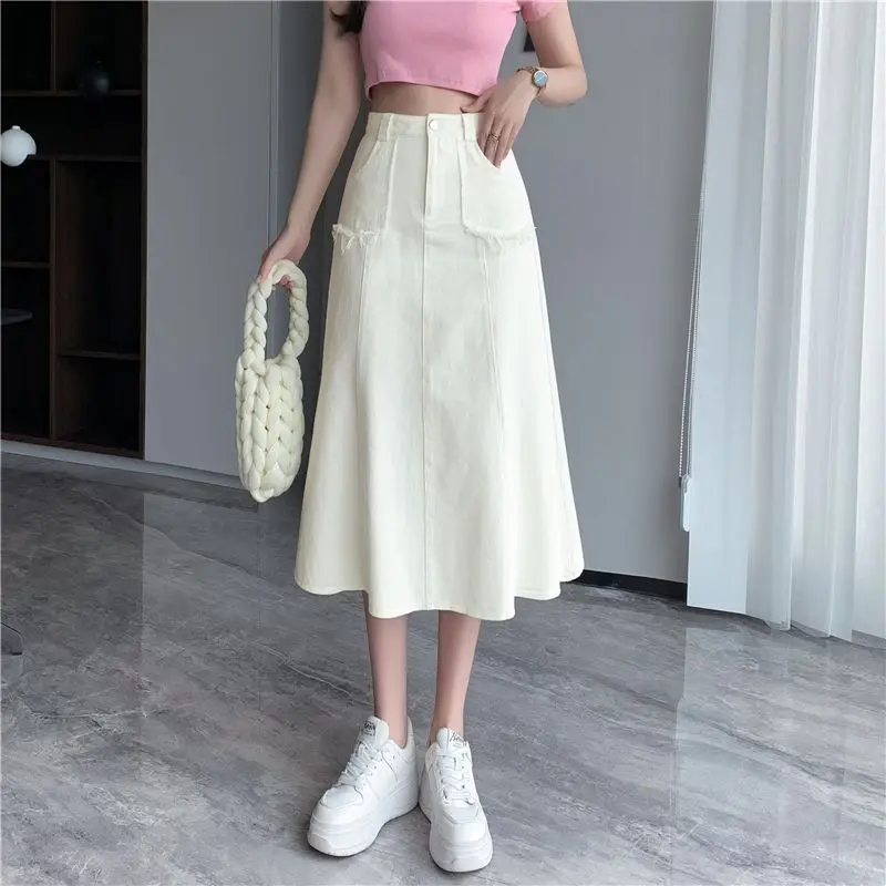 

2025 Summer Vintage Casual Mid Length Skirts Fashion Elegant Women Denim Skirt Black High Waist Mermaid Skirt Women