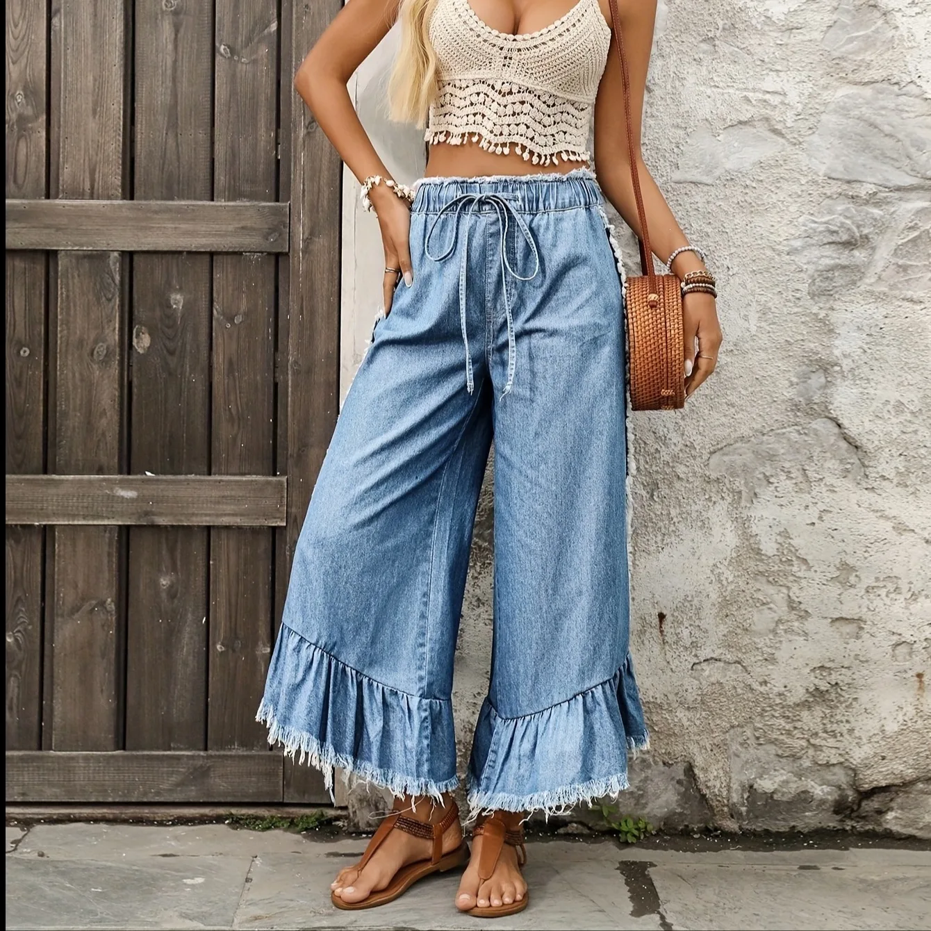 Side Pleated Hairy Edge Washed Jeans Elastic Waist Drawstring Wide Leg Jeans Women