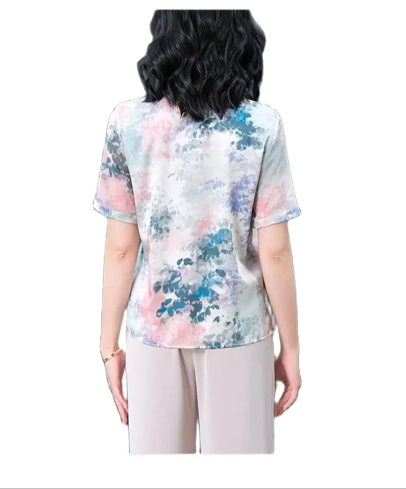 BirdTree, 91% Real Silk Fashion Shirt, Women's Short Sleeve Ruffles, Oversize Mom Elegant Blouse, 2024 Summer 4XL Tops T444133QM