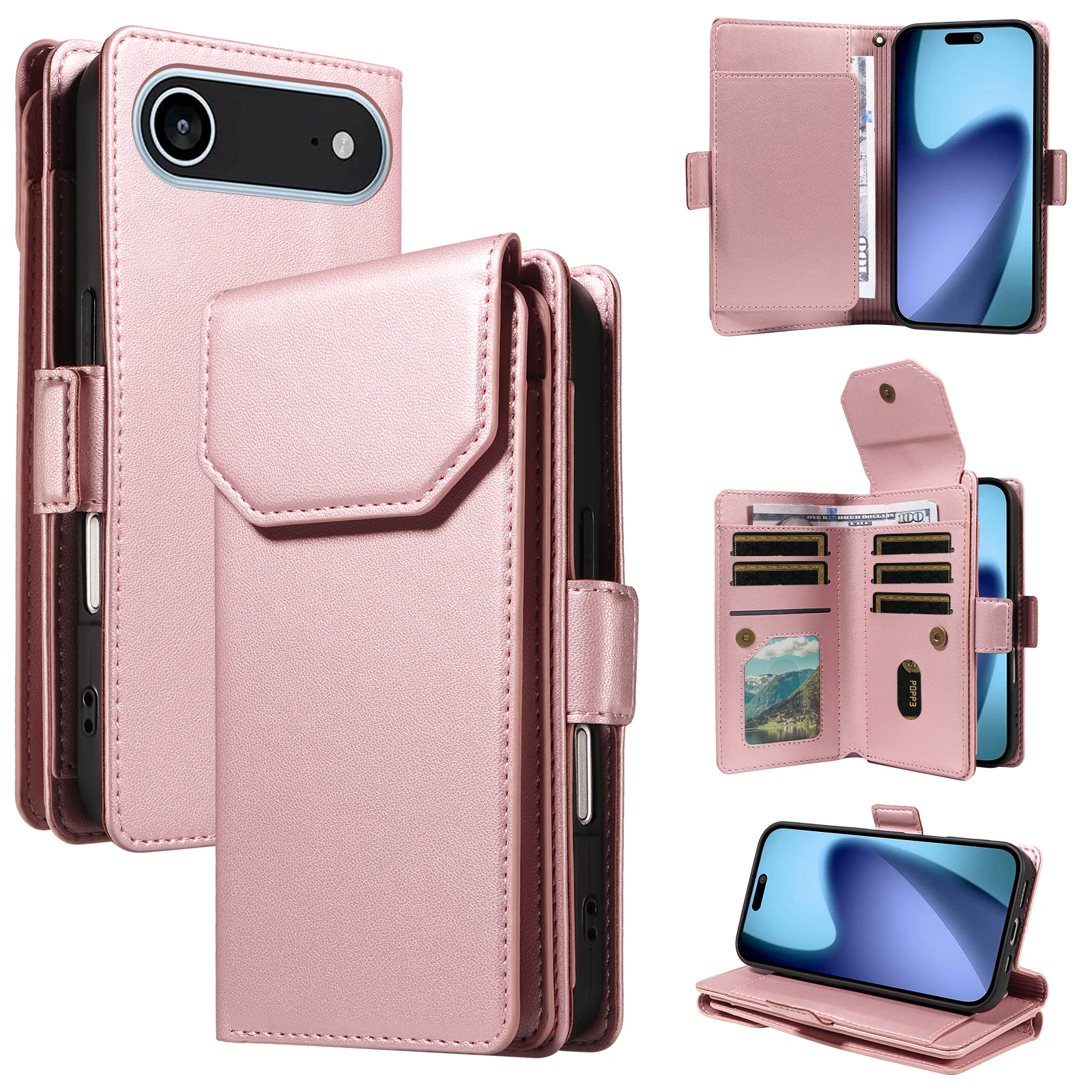 

Роскошный кожаный чехол-книжка с магнитной картой Solt Wallet для iPhone 17 Pro Max 16 Plus 15 14 13 12 с подставкой для книги и ремешком