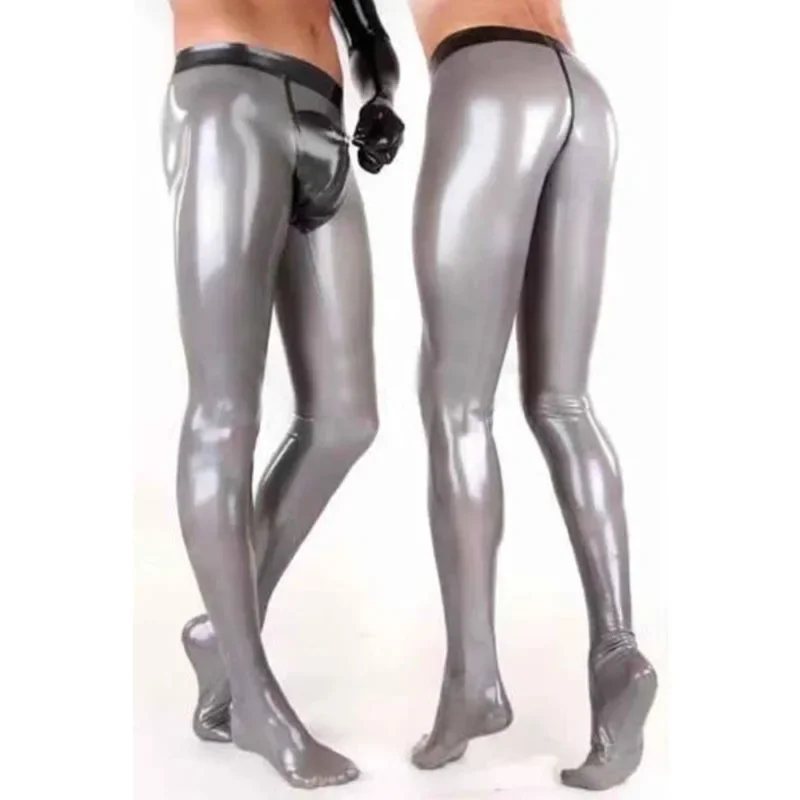 3D High Waist Handmade Latex Pants Silver with Black with Front Zip Rubber Trouser for Male