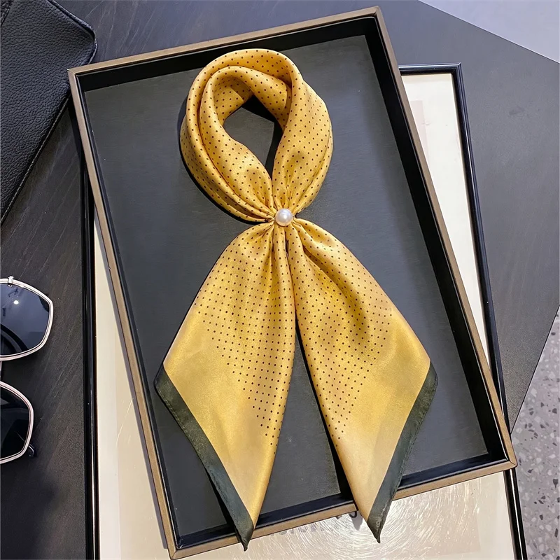 100% Silk Square Scarf Yellow Polka Dot Bandana Hijab Stylish Neck Scarf Bag Accessory Head Wrap for Women Daily Use and Gifts view 5