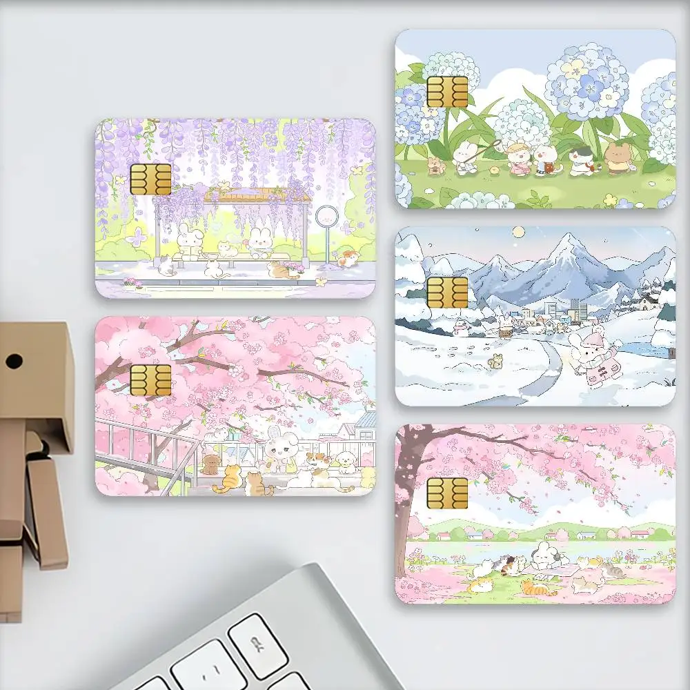Cherry Blossom Cartoon Bunny Matte Card Stickers For Credit Cards Debit Cards And Transit Cards 4Pcs