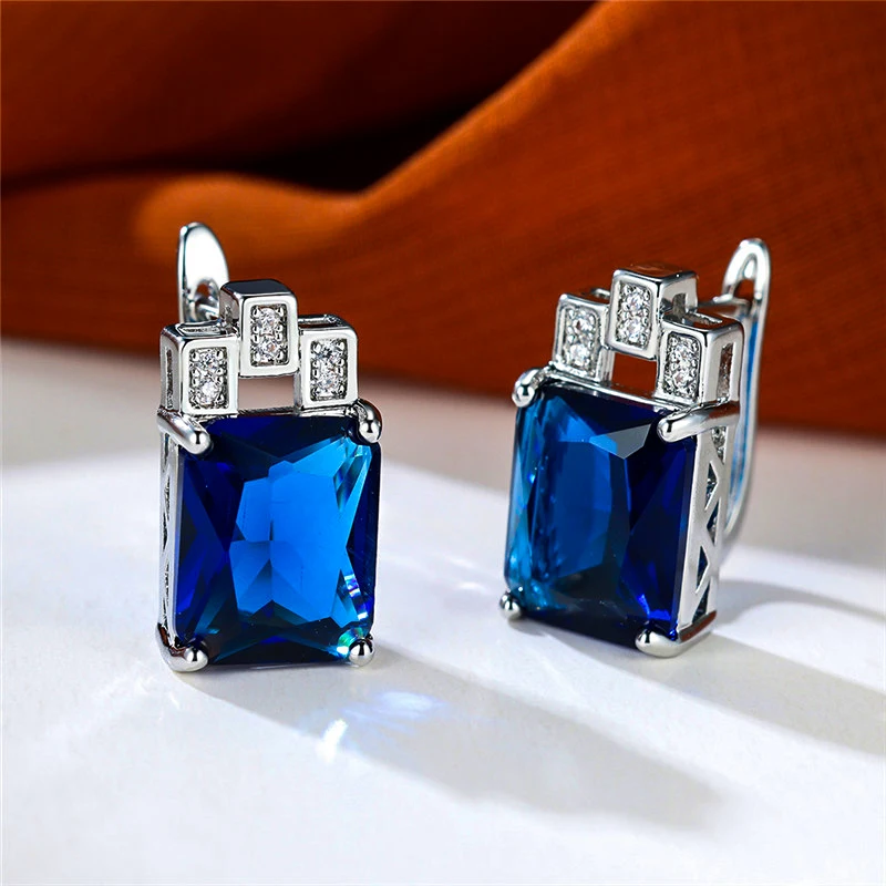 Luxury Female Royal Blue Green Zircon Stone Rectangle Hoop Earrings Charm Silver Color Wedding Jewelry For Women Ear Buckle