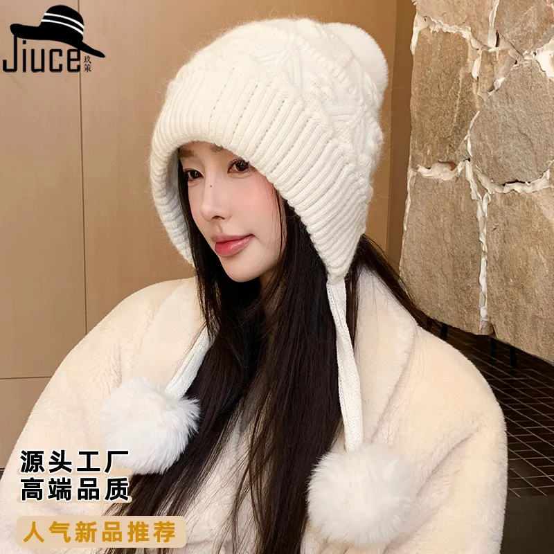 

Women's Thick double-layer Ear Protect Knit Hat Anti Cold Three Wool Ball Rabbit Hair Hat Winter Velvet Face Warm Hat 4m747