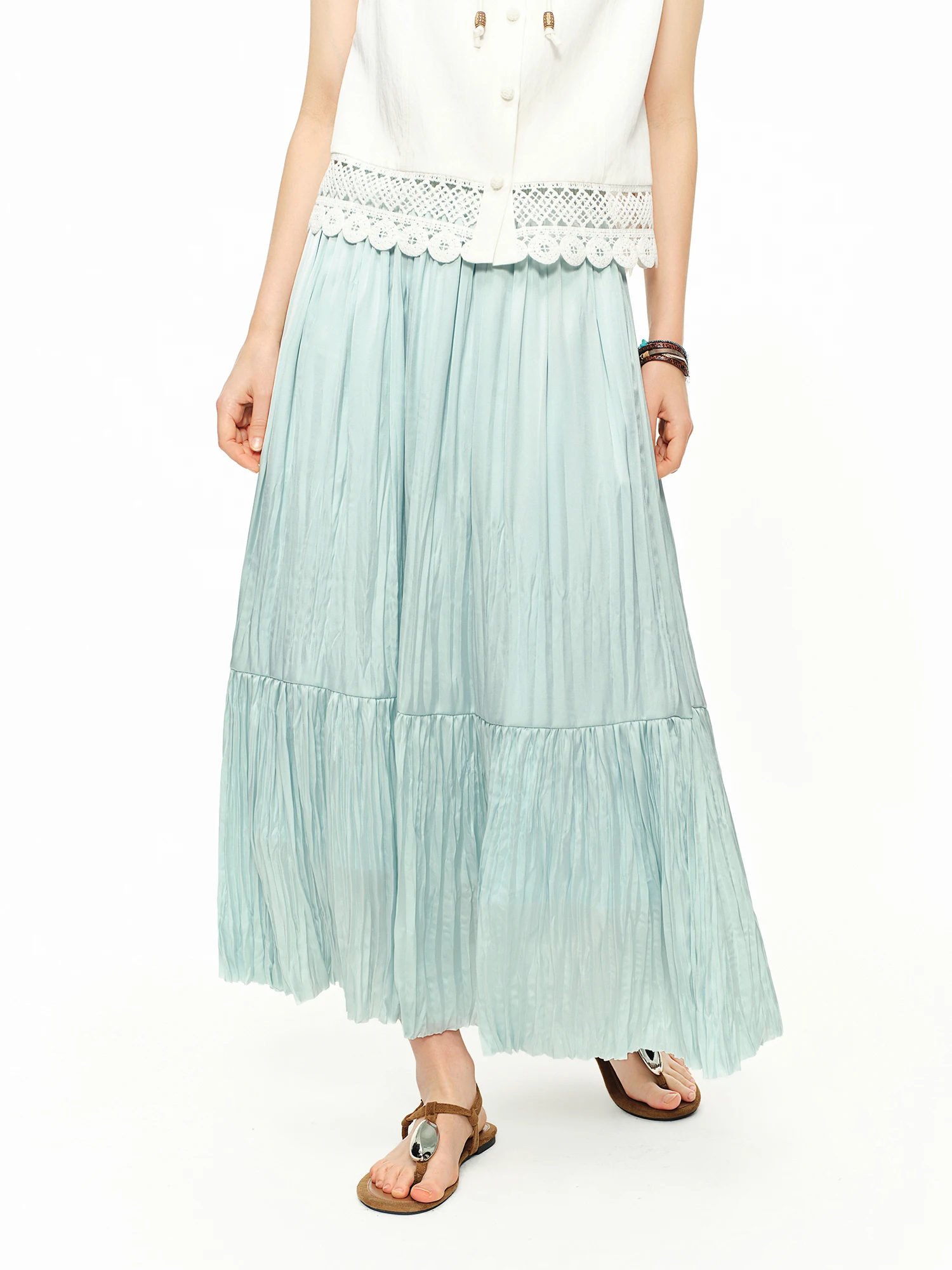 DUSHU 2026 Summer Women‘s Pleated A-Line Midi Skirt, Flowy Chiffon Tiered High Waist Skirt for Coquette & Quiet Luxury Style