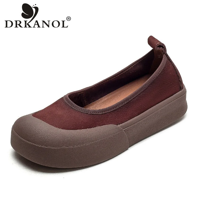 

DRKANOL New Design Literary Style Women Slip-On Loafers Shallow Genuine Leather Flat Platform Shoes Handmade Retro Casual Shoes