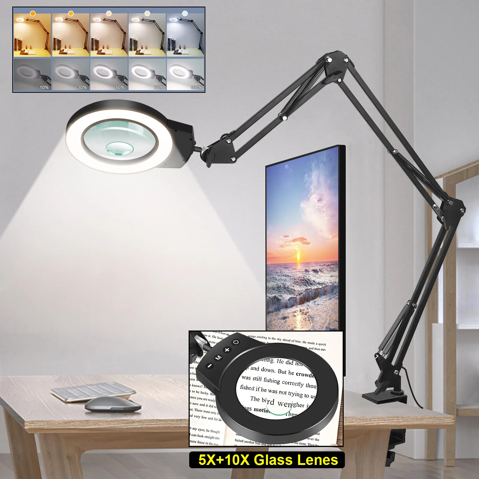 5X+10X Illuminated Magnifier USB Magnifying Glass with 5 Colors LED Light Flexible Folding Arm Table Lamp for Reading Working