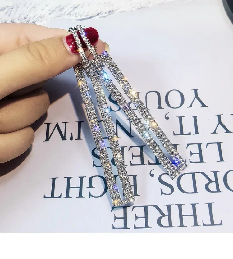 S925 New Silver Needle Exaggerated Diamond Set Rectangular Earrings Korean Earrings Long Full Diamond Earrings for Women