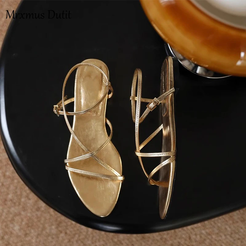 Mrxmus Dutit Women\'s Shoes 2023 Summer New Metallic Multi-Strap Design Flat Fashion Sandals