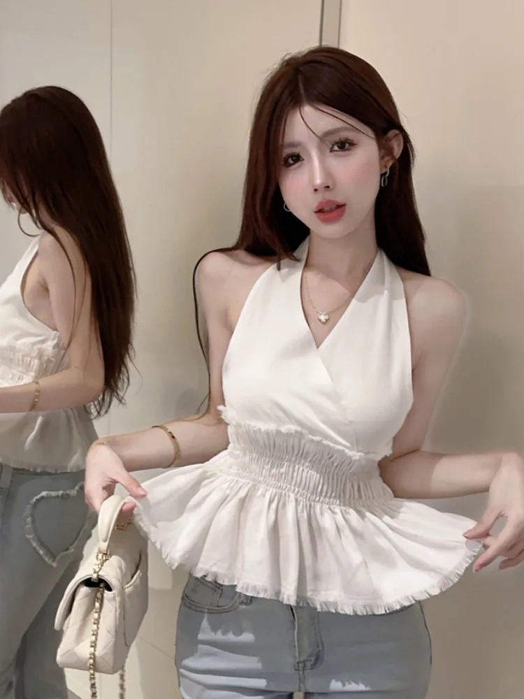 

Sweet And Spicy Retro V-neck Halter Top Women's Summer Waist-cinching Pleated Elegant High-end Short Shirt Citywalk Skin-frie...
